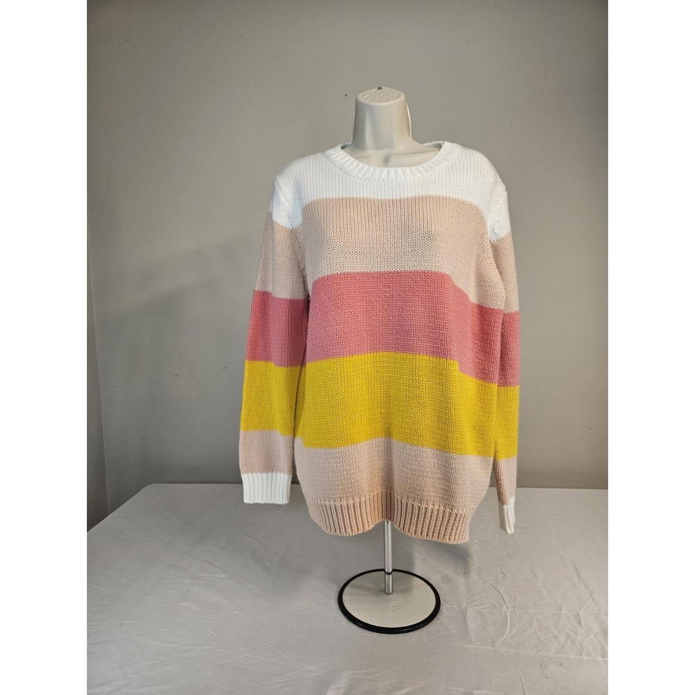 12PM BY MON AMI Striped Colorblock Knit Sweater Pink Yellow‎ White Large IMA4303